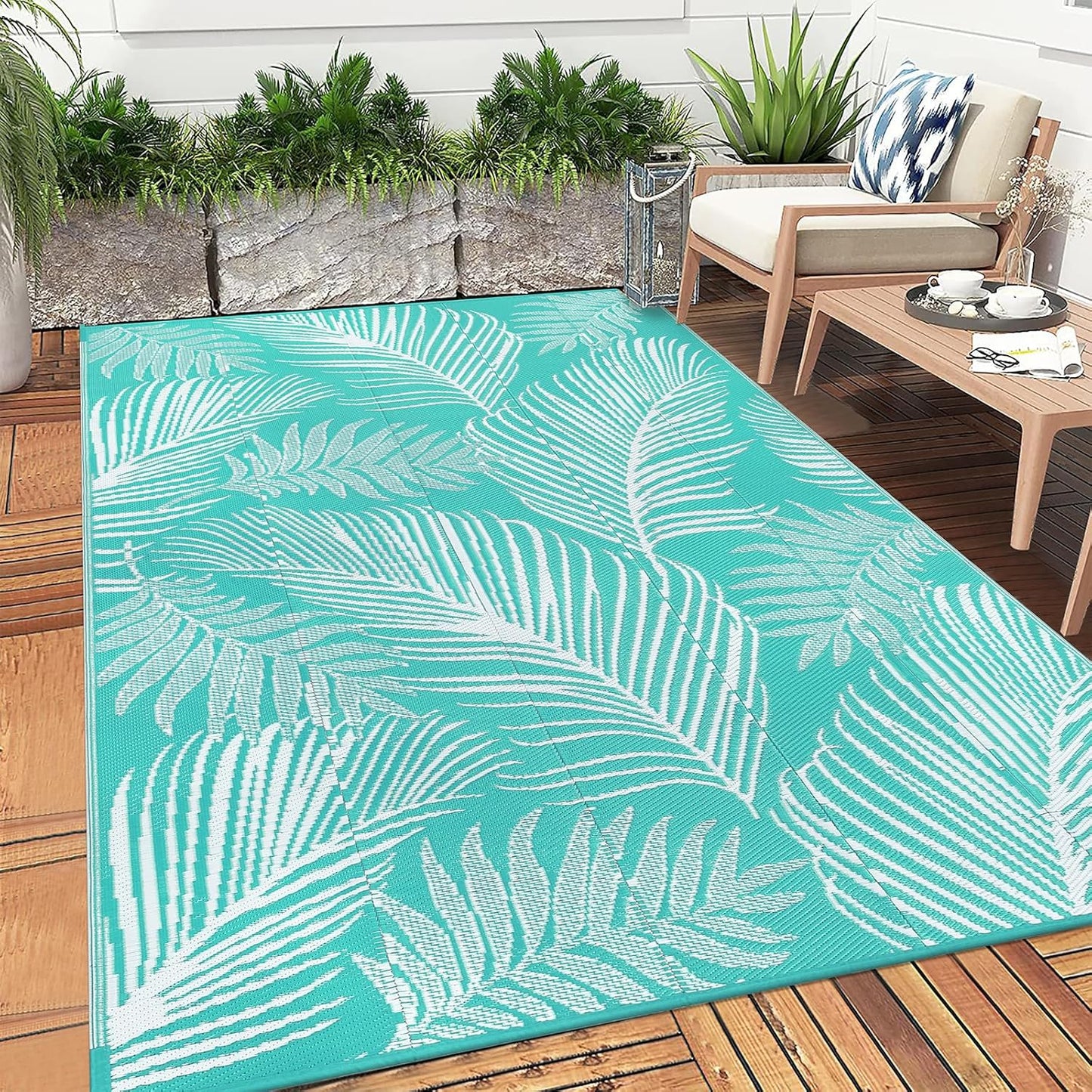 Pauwer Waterproof Outdoor Rug 8x10, Reversible Plastic Straw Patio Camping Rug, Indoor Outdoor RV Mat Carpet for Deck, Camper, Porch, Balcony, Backyard, Picnic, Leaf Light Blue