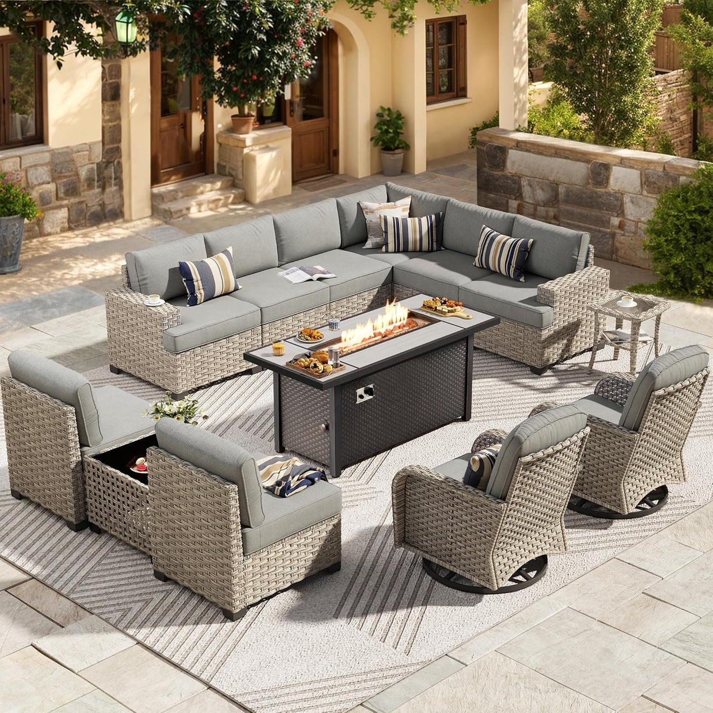 HOOOWOOO Outdoor Sectional Patio Furniture Set with Fire Pit Table,13 Pieces Wicker Conversation Sets L Shaped Couch,Extra Deep Out Door Sofa Outside Furniture with Swivel Chairs,Charcoal Gray