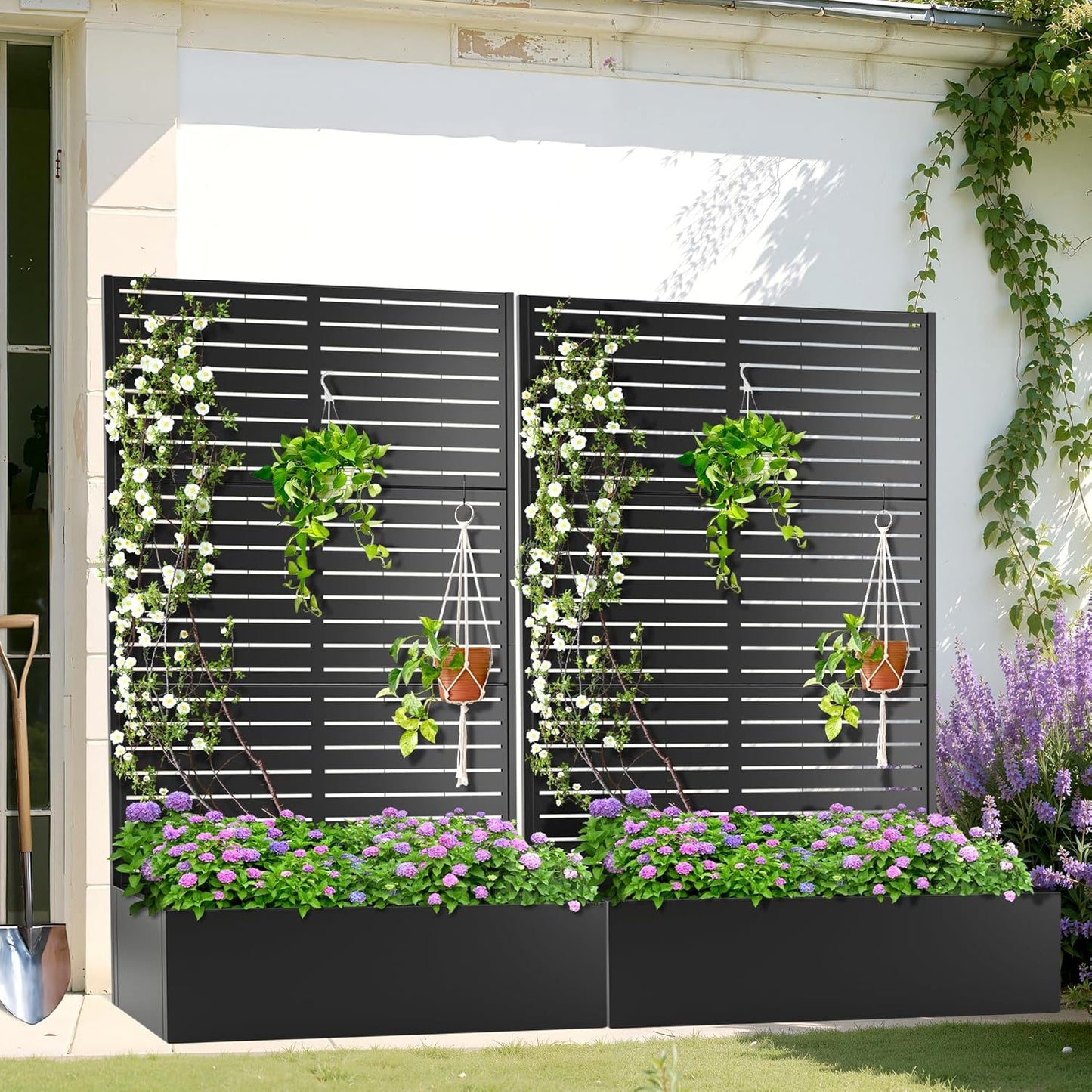Metal Planter Box with Trellis, Heavy-Duty Raised Garden Bed for Climbing Plants, Drainage Hole, Outdoor Planter Box with Privacy Screen，47''L×16''W×71''H