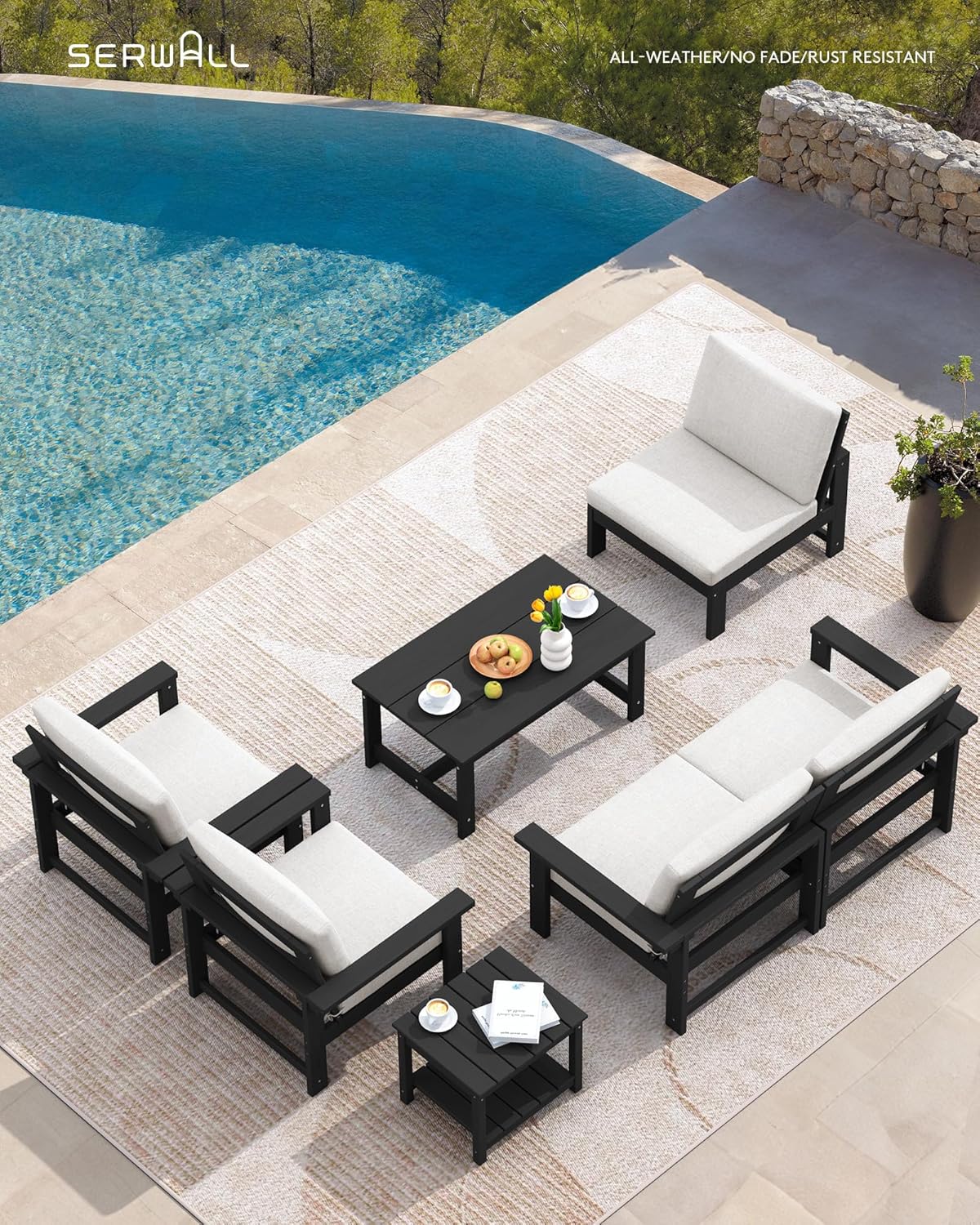 SERWALL HDPE Patio Furniture Set, 7-Piece Outdoor Sectional Sofa Set, All Weather Outdoor Couch Set for Deck, Lawn, Black Frame with Khaki Cushion