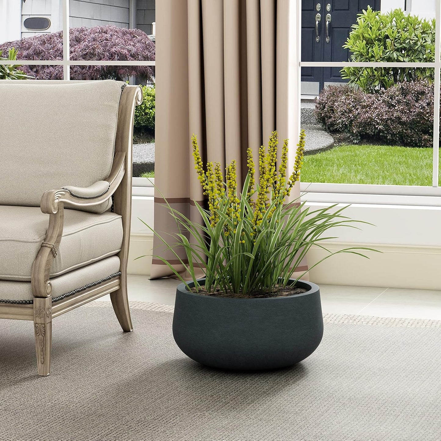 Kante 19.6" Dia Round Concrete Planter, Cement Plant Pots with Drainage Hole and Rubber Plug for Outdoor Indoor Garden Home, Modern Curvaceous Design, Dark Gray