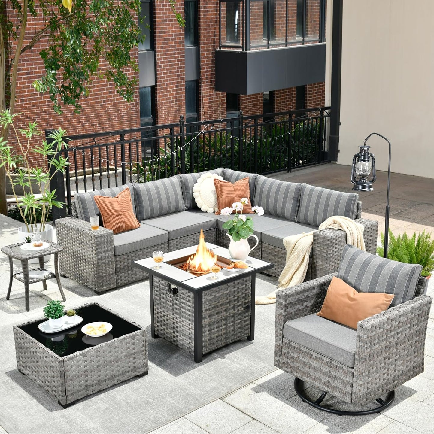 HOOOWOOO 9 Piece Modular Patio Outdoor Sectional Furniture Set with Gas Propane Fire Pit Table,Wicker Conversation Sofa Set with Swivel Chairs,Outside Couch Set(Grey Stripes)