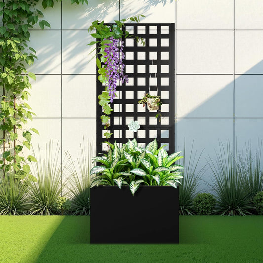 Metal Raised Garden Bed with Trellis, 2 in 1 Trellis with Planter Box & Privacy Screen for Climbing Plants, Vine, Outdoor Standing Flower Beds with Drainage Holes, 23.6"L x 11.8"W x 63"H, Black