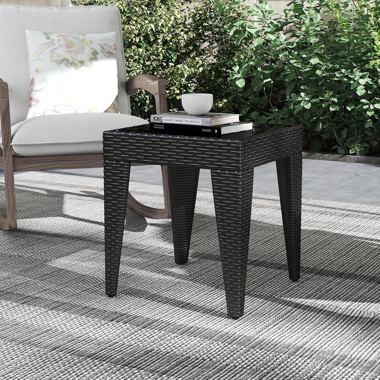 Outdoor Small Patio Table - PE Rattan Coffee Table, Wicker Side Table for Patio, Balcony & Porch, Durable & Iron Frame (1, Rattan Black)
