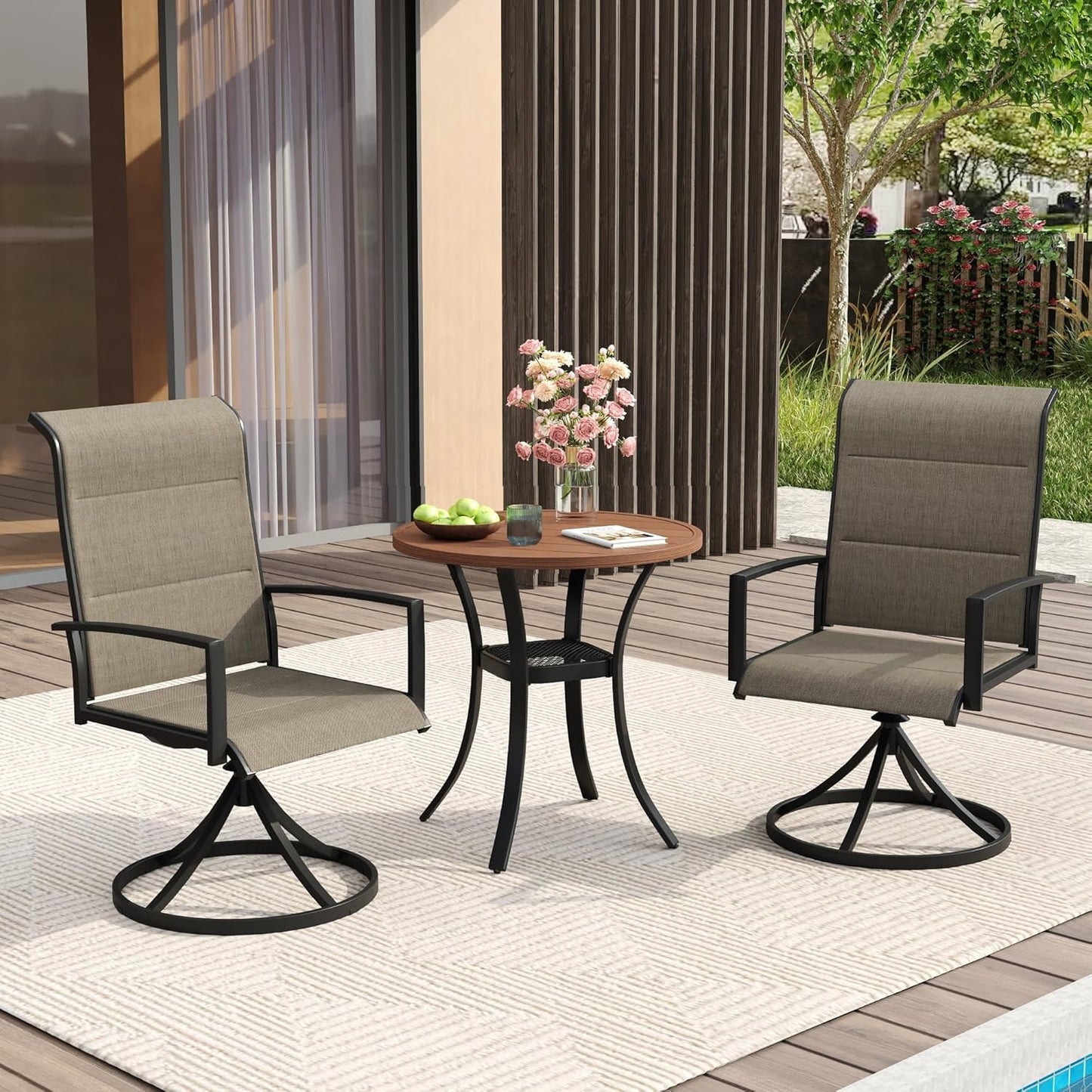 VICLLAX 27.5" Outdoor Round Patio Table for Lawn Garden, All Weather Metal Round Patio Dining Table with Storage Shelf, 2 Person Small Patio Table, Walnut Wood Grain