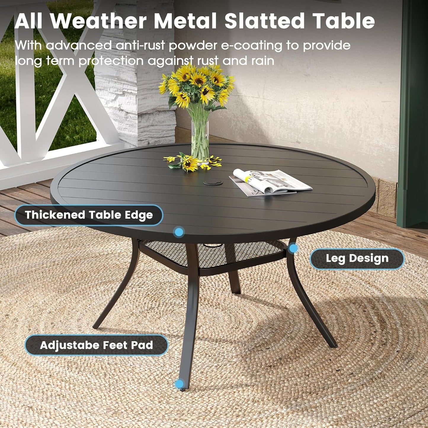 DIFY Patio Round Dining Table, 47.5" All Weather Round Outdoor Table with 1.57" Umbrella Hole for 6 Person, Perfect for Lawn Poolside and Backyard, Black