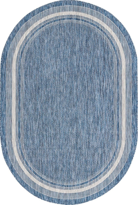 Unique Loom Outdoor Border Collection Area Rug - Soft Border (5' 1" x 8' Oval, Blue/ Ivory)