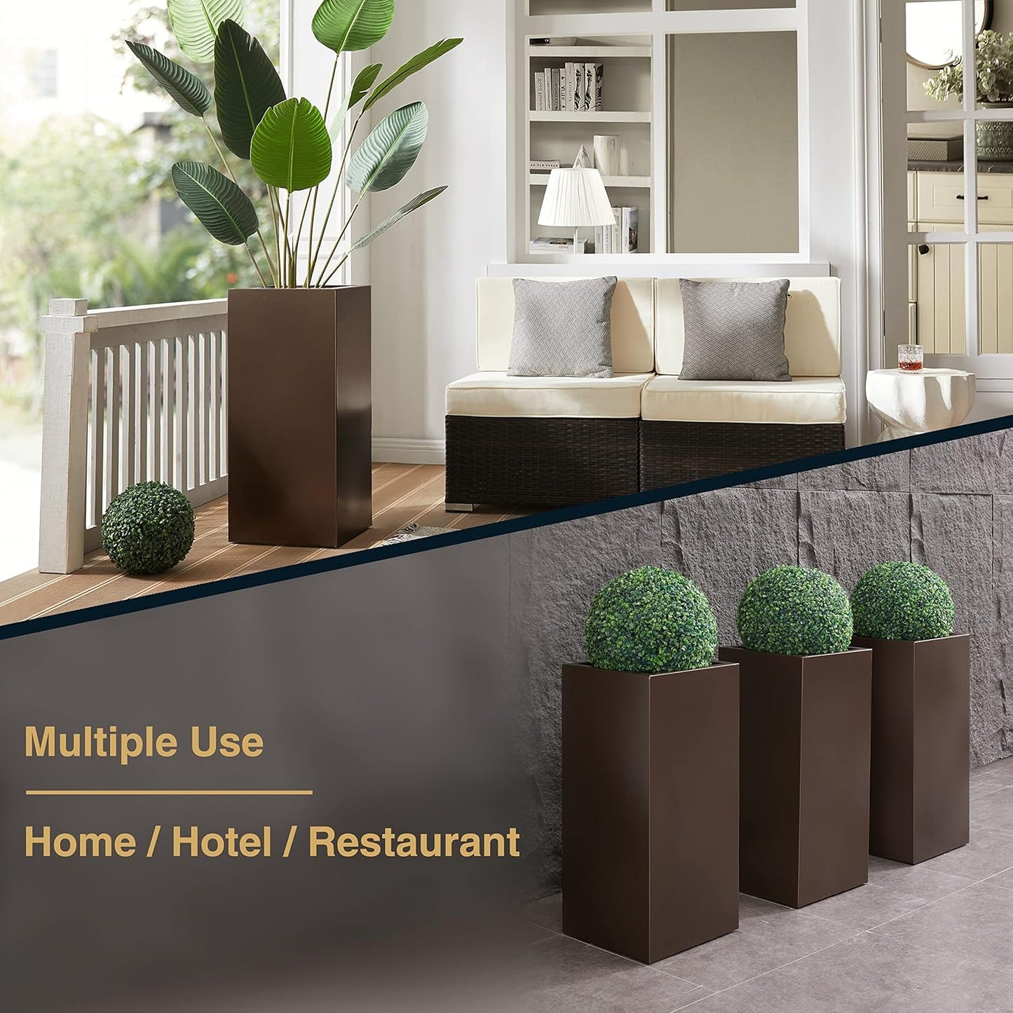 Metallic Heavy Tall Outdoor/Indoor Planter Box 14Lx14Wx30H Inches, Rectangular Tall Planter, Large Flowerpot, ‎25 Pounds, Espresso, No Assembly Required 1 Pack