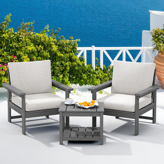 SERWALL HDPE Patio Sofa Set, 3-Piece Sectional Outdoor Furniture Set, All Weather Outdoor Couch Set Patio Furniture Set for Deck, Lawn, Grey Frame with Khaki Cushion