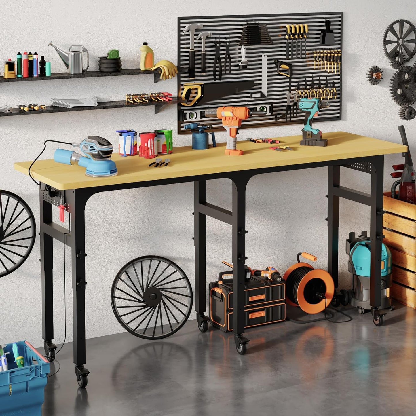 83" Heavy Duty Work Bench with Wheels, Adjustable Height 3000 Lbs Garage Workbench w/Pegboard Pad & Power Outlets, Portable Mobile Tool Work Table for Woodworking Workshop Home Office (83" L)