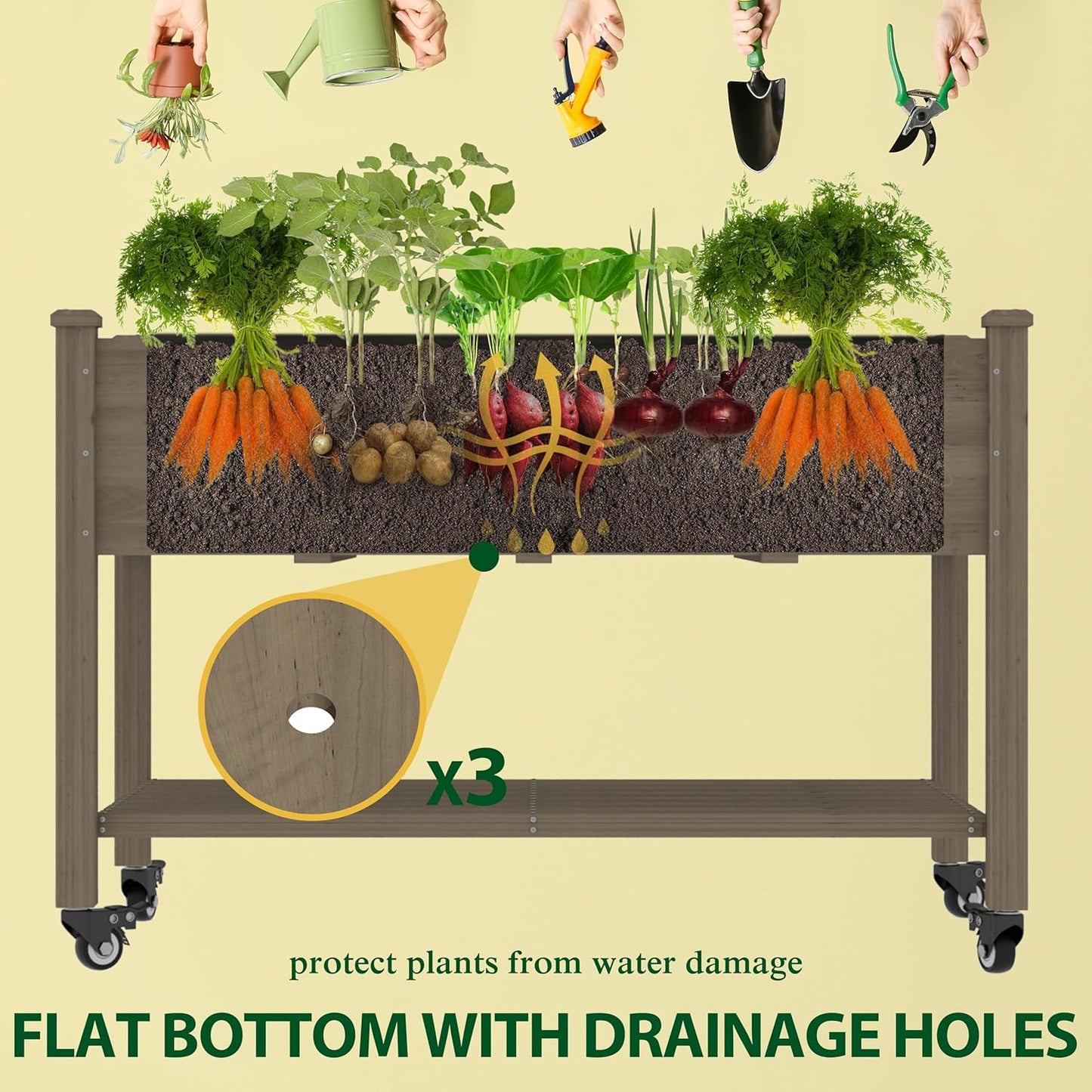MUPATER 4x2FT Raised Garden Bed, Planter Box with Four Wheels and Legs for Herbs, Flowers and Vegetables, Elevated Garden Bed with Drainage Holes for Greenhouse, Garden, Farm, Brown