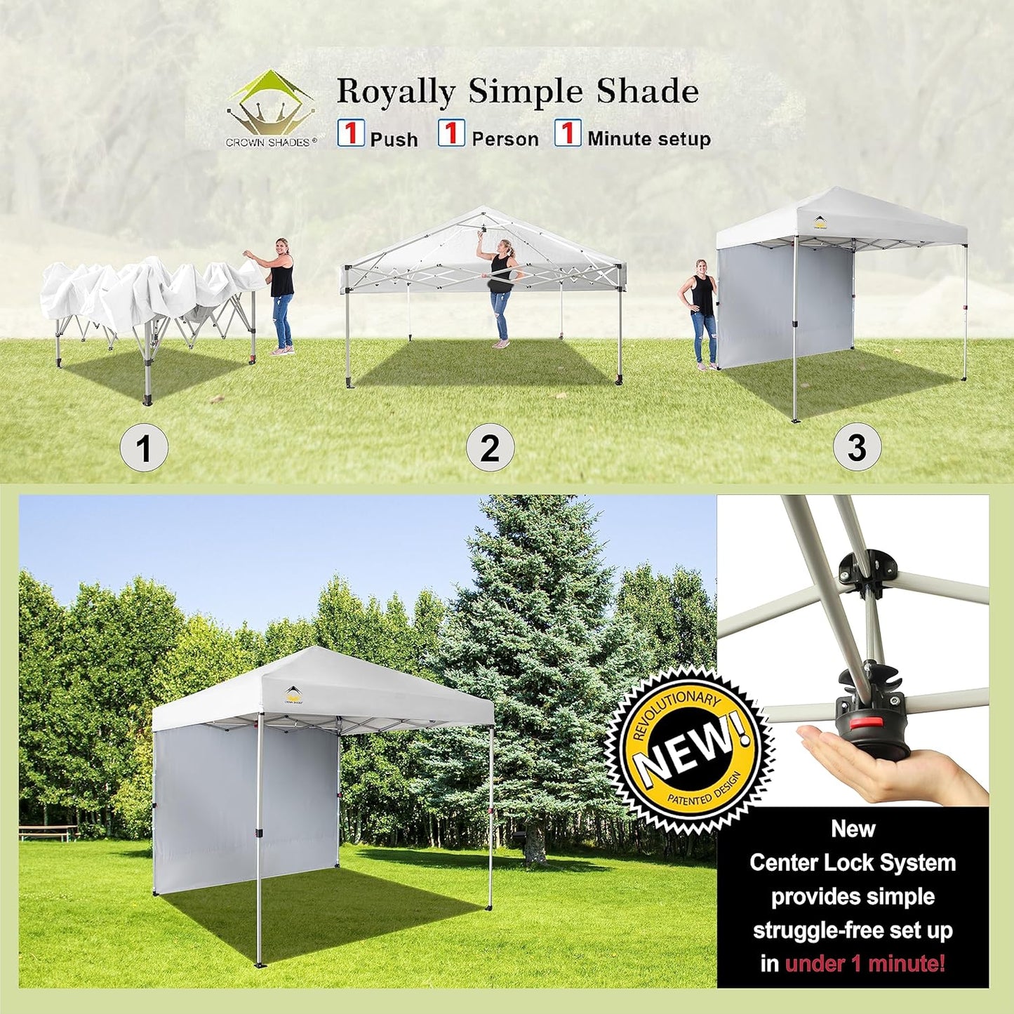 CROWN SHADES 8x8 Pop Up Canopy with 1 Side Wall - Beach Tent with One Push Setup - Outdoor Sun Shade for Events, Parties, Camping - Gazebo with STO-N-Go Cover Bag (White)