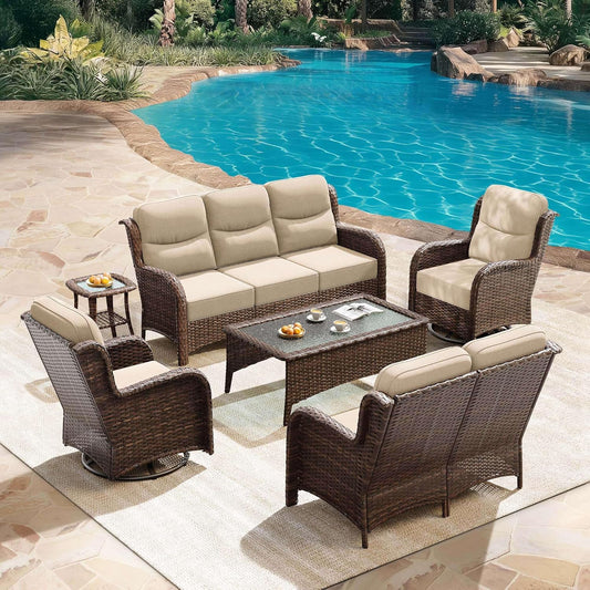 HILLGA Luxury Patio Furniture Set with 6-Inch Thick Cushions, High Back Outdoor Swivel Rocker Chairs Patio Loveseat and Couch, 6-Piece All Weather Conversation Set for Porch Deck Pool Yard, Beige (V3)