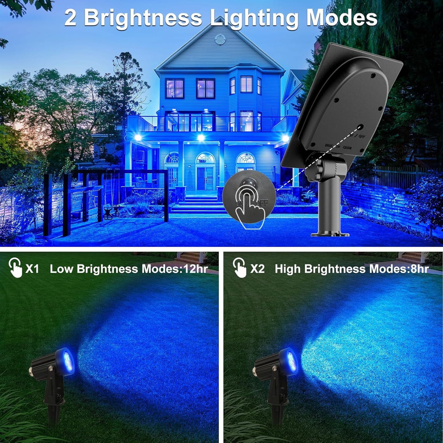 Blue Solar Spot Lights Outdoor,2 Pack Solar Landscape Spotlights IP65 Waterproof 9.8ft Cable, Auto On/Off Outdoor Wall Lights for Garden Yard Driveway Porch Walkway Pool (1-in-1)