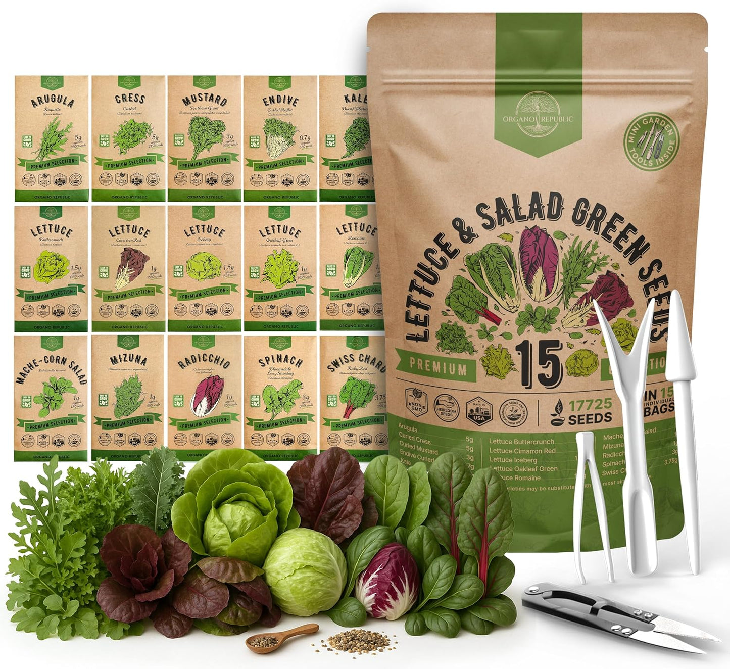 Organo Republic 15 Lettuce & Salad Greens Seeds Variety Pack 17700+ Non-GMO Heirloom Lettuce Seeds for Indoors & Outdoors Garden, Hydroponics, Aerogarden - Arugula, Kale, Spinach, Swiss Chard, Lettuce