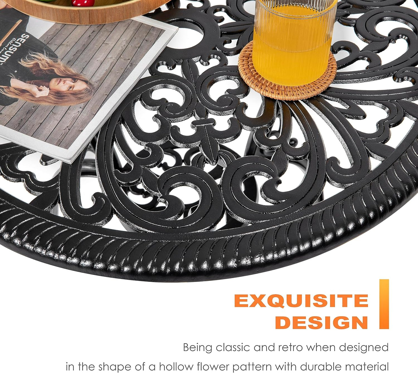 NUU GARDEN 3 Piece Outdoor Bistro Table Set, All Weather Cast Aluminum Patio Bistro Sets Patio Table and Chairs Set of 2 with Umbrella Hole for Yard, Garden, Balcony, Black