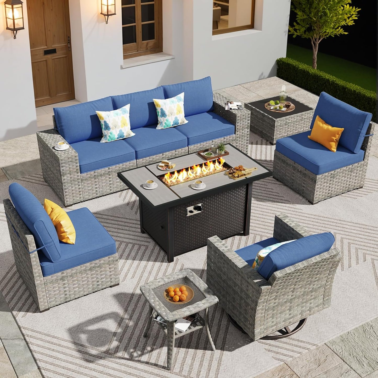 ovios 9 Pieces Patio Furniture Set, Outdoor Wicker Sectional Sofa with 42" Firepit Table Swivel Chair, Modern Modular Deep Seat Rattan Couch Conversation Sets, Navy Blue