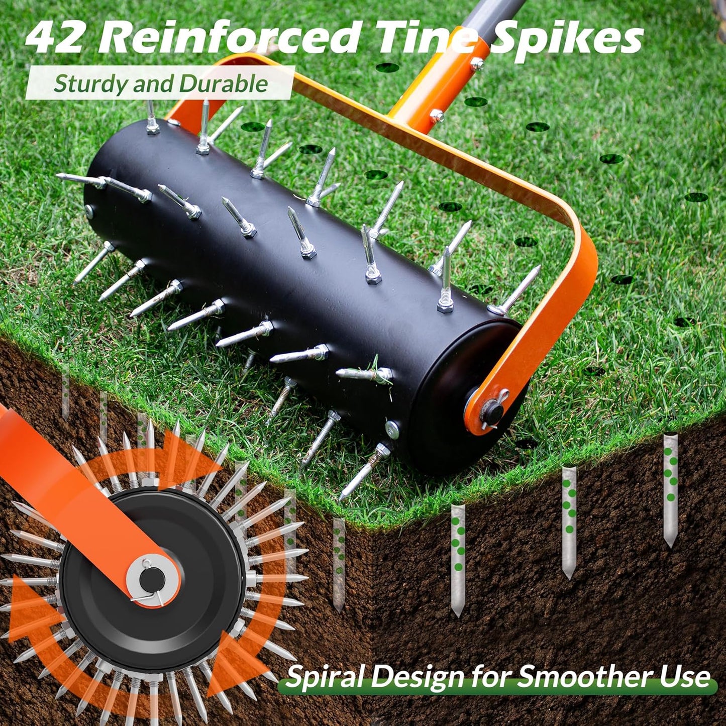 Walensee Rolling Lawn Aerator, Heavy Duty Manual Aerator Tool with 42 Spikes, Lawn Spike Aerator Roller with 71" Adjustable Handle, Soil Penetrator Push Lawn Aeration for Garden Yard Patio