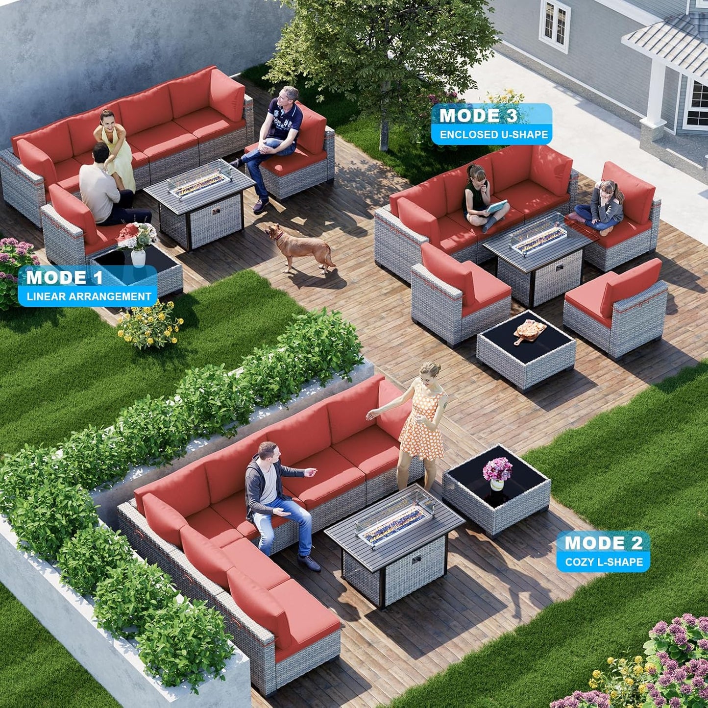 8-Piece Patio Furniture Set, Outdoor Patio Furniture with 55,000 BTU Fire Pit Table, Thick Cushions, Modular Patio Sofa, Dual-Strand Wicker Rattan, Rust-Resistant Frame, Red