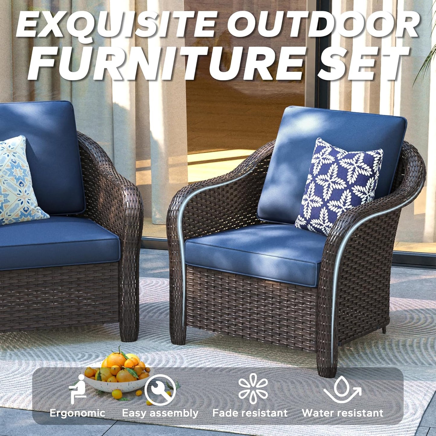 Patio PE Rattan Chairs Set of 2, All-Weather & Steel Frame Outdoor Conversation Furniture Set with Washable Cushions for Garden, Bistro, Deck, Yard (Navy Blue)