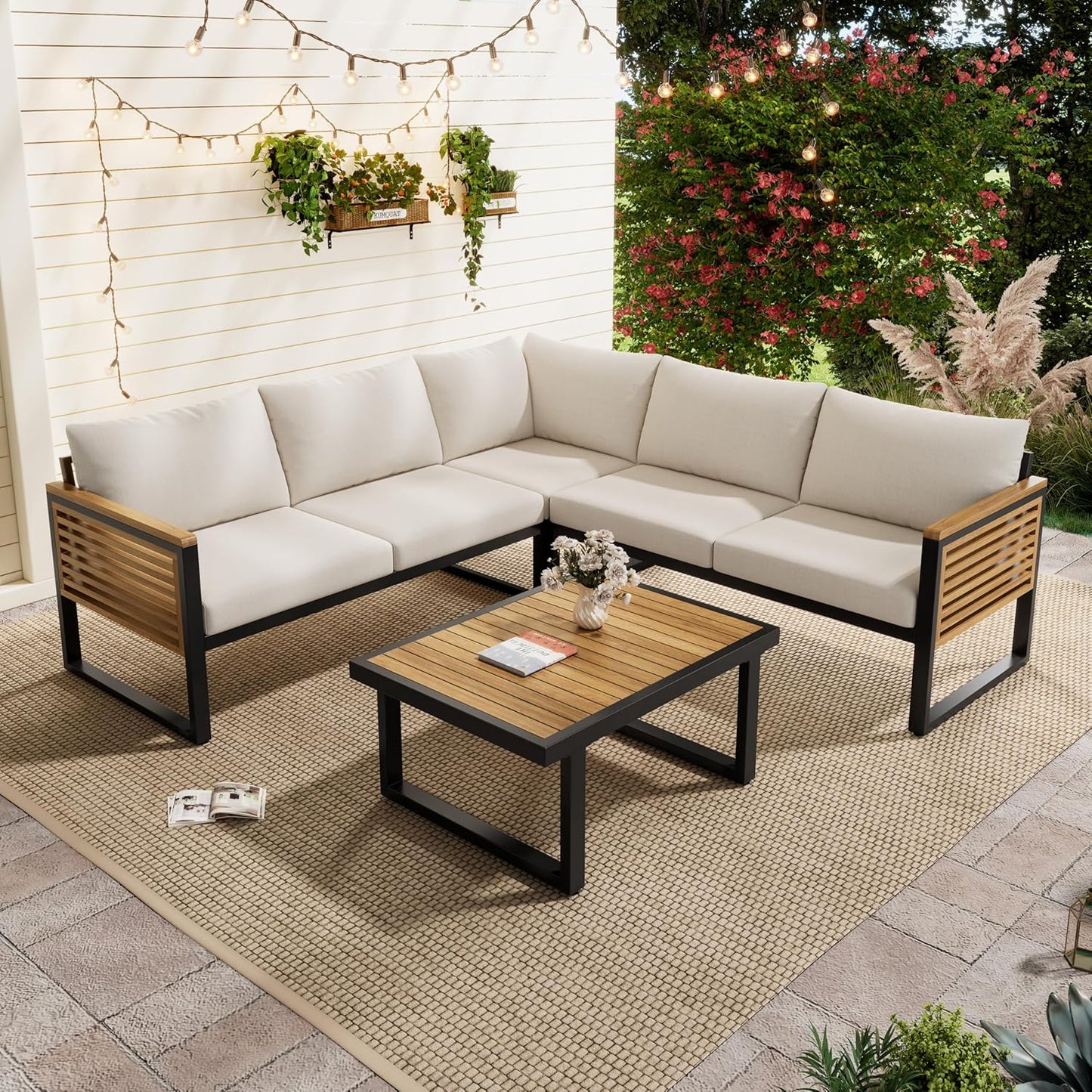 Outdoor Patio Furniture Set, 4-Piece Acacia Wood and Metal Patio Sofa Corner Set with Coffee Table, Modern Conversation Set for Backyard Porch Garden Balcony