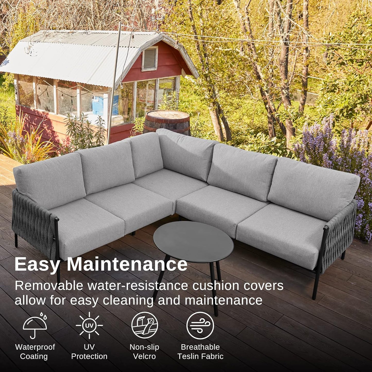 EAST OAK Life Chatter Patio Furniture Set, Outdoor Furniture Corner Sofa Set with Round Coffee Table, 5 Seats Sofa Deep Seating with Thick & Washable Cushions, Earth Black & Misty Grey