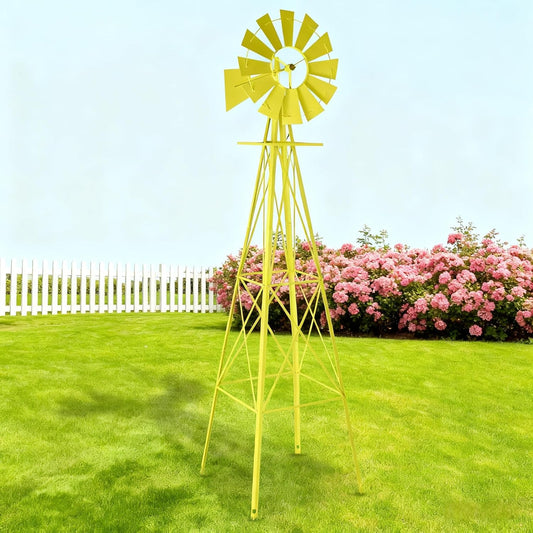 8FT Windmill for Yard Garden Decoration with Weather Vanes，Heavy Duty Outdoor Wind Mills, Large Metal Outdoor Windmill,Weather Resistant,Yellow