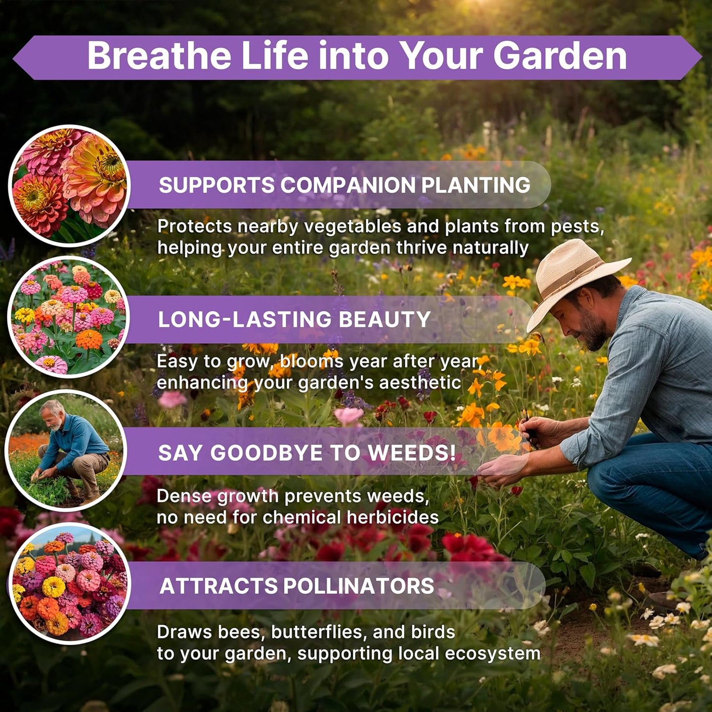 Zinnia Seeds Pack 1 oz - Over 3,800 Non-GMO Heirloom Zinnia Seeds for Planting, Annual Flowers in Individual Seed Packet, Flower Seed for Planting Home Garden Indoor & Outdoor Gardening