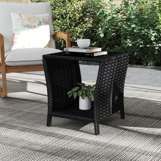 Outdoor Small Patio Table - PE Rattan Coffee Table, Wicker Side Table for Patio, Balcony & Porch, Durable & Iron Frame (1, Black)