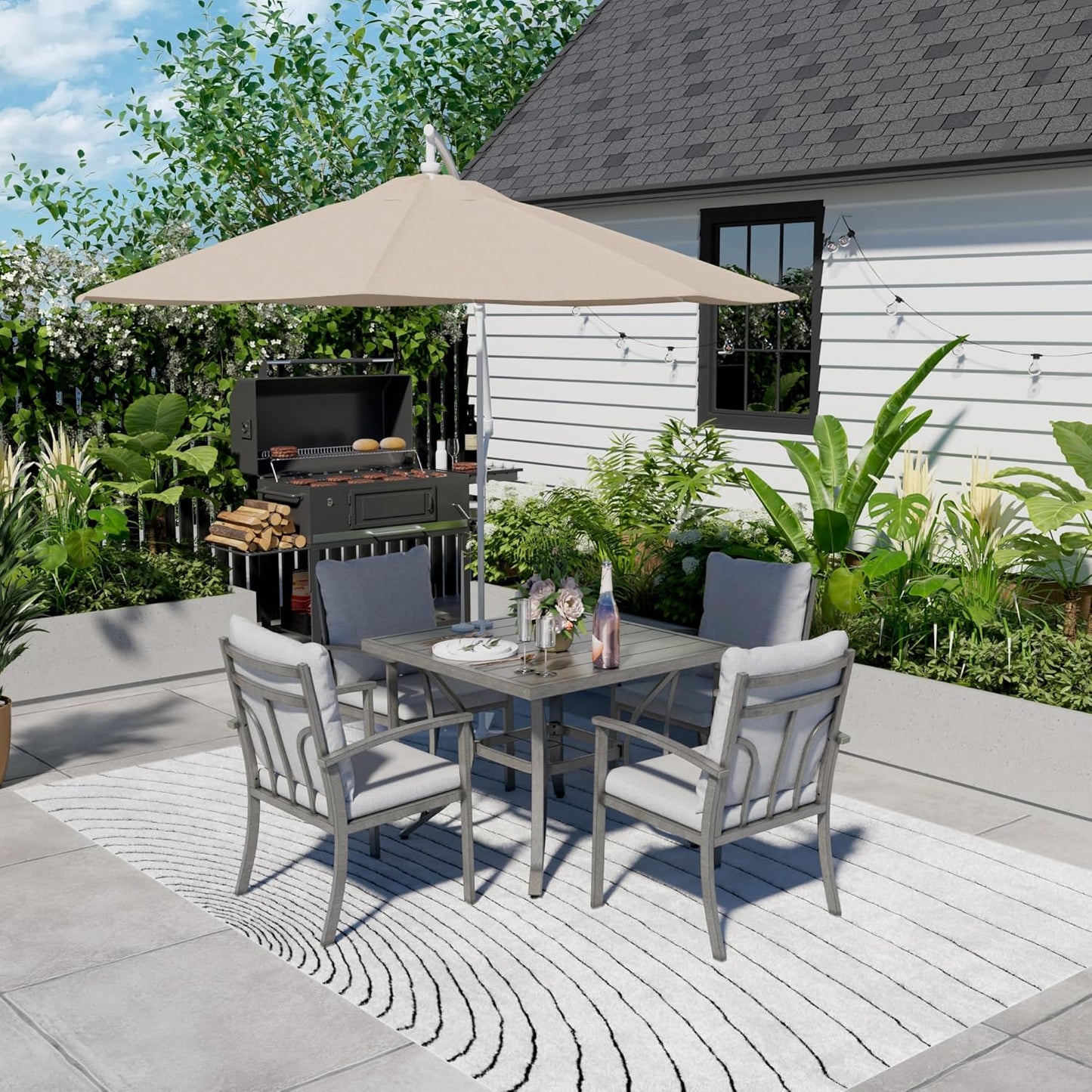 HAPPATIO Square Outdoor Dining Table - Patio Aluminum Slat Dining Table with 2.2" Umbrella Hole, 4 Person Dining Table for Garden, Backyard and Poolside