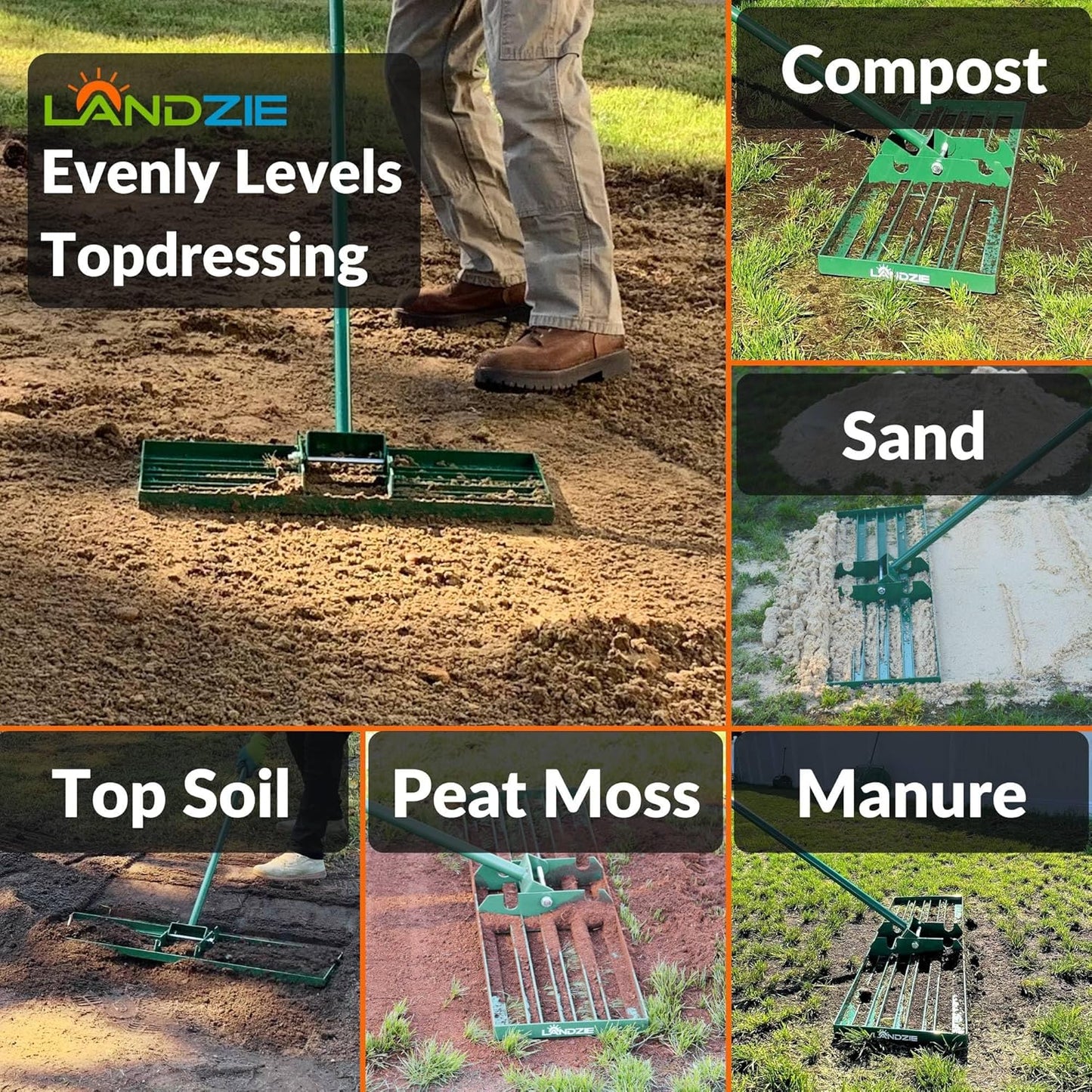LANDZIE - The Original Lawn Leveling Rake – 24" Steel Handle Yard Leveler, Lawn Level Tool for Creating a Flat Surface - Works for Soil, Dirt, Topdressing, and Ground