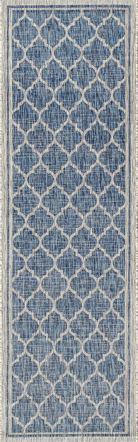 Eyely BMS109D-210 Santa Monica Trebol Moroccan Trellis Textured Weave Indoor/Outdoor Runner Rug Coastal;Bohemian, Bedroom, Backyard, Patio, Easy-Cleaning, Non-Shedding, 2 X 10, Navy/Gray
