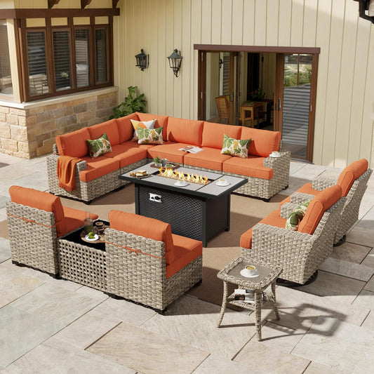 HOOOWOOO Outdoor Sectional Patio Furniture Set with Fire Pit Table,13 Pieces Wicker Conversation Sets L Shaped Couch,Extra Deep Out Door Sofa Outside Furniture with Swivel Chairs,Brick Red