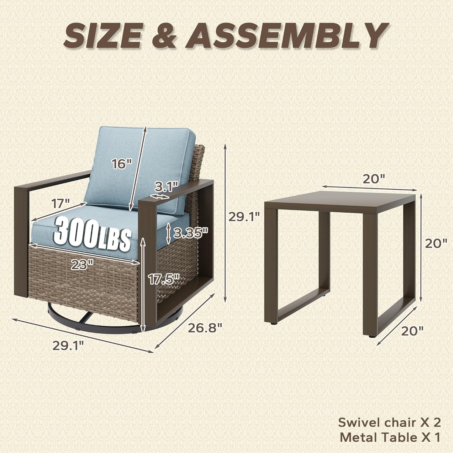 Outdoor Swivel Rocker Metal Chairs Set of 2 with Small Coffee Table - 3 Pieces Patio Bistro Set with Rectangular Framed Wood-Looking Metal Armrest, 360 Degree Glider Chairs, Baby Blue