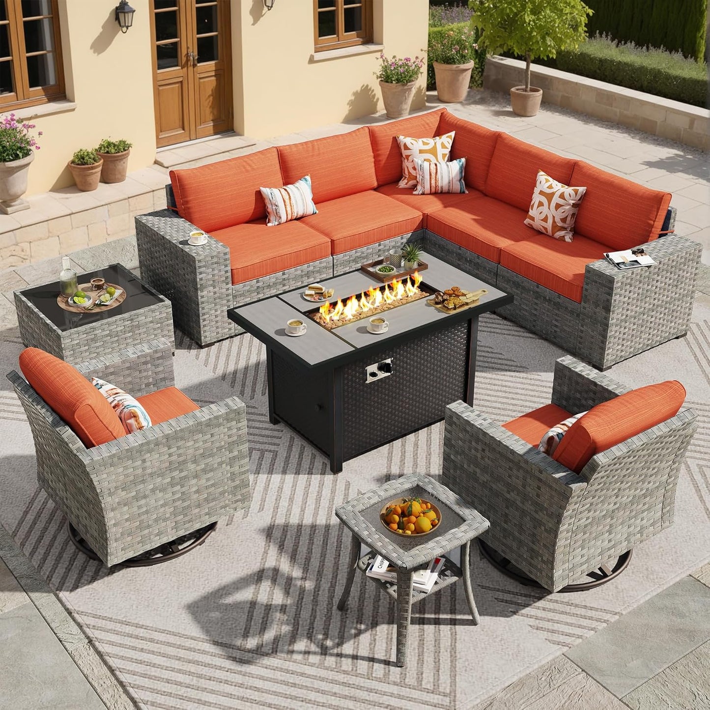 ovios 10 Pieces Patio Furniture Set, Outdoor Wicker Sectional Sofa with 42" Fire Pit Table Swivel Chairs, Modern Modular Deep Seat Rattan Couch Conversation Sets, Orange Red