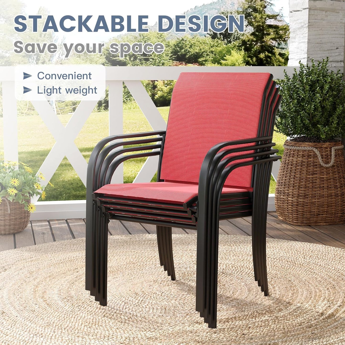 VICLLAX Patio Dining Set for 8, Outdoor Furniture Set Includes 53" Round Patio Table and 8 Patio Sling Chairs, Black Tabletop and Red Fabric
