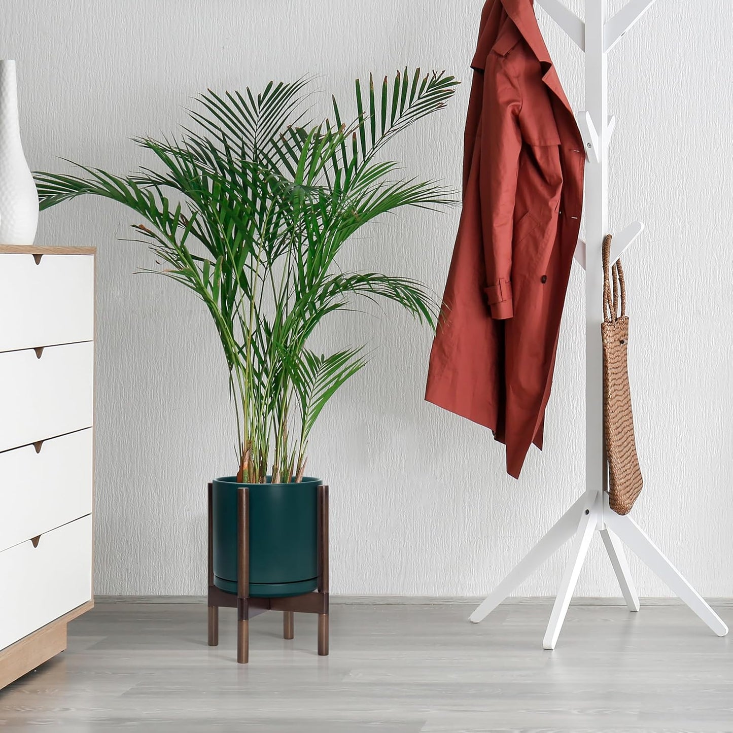 D'vine Dev Ceramic Planter with Walnut Color Stand - 10 Inch Modern Round Flower Pot with Wood Planter Holder, Teal, 55-B-X-4