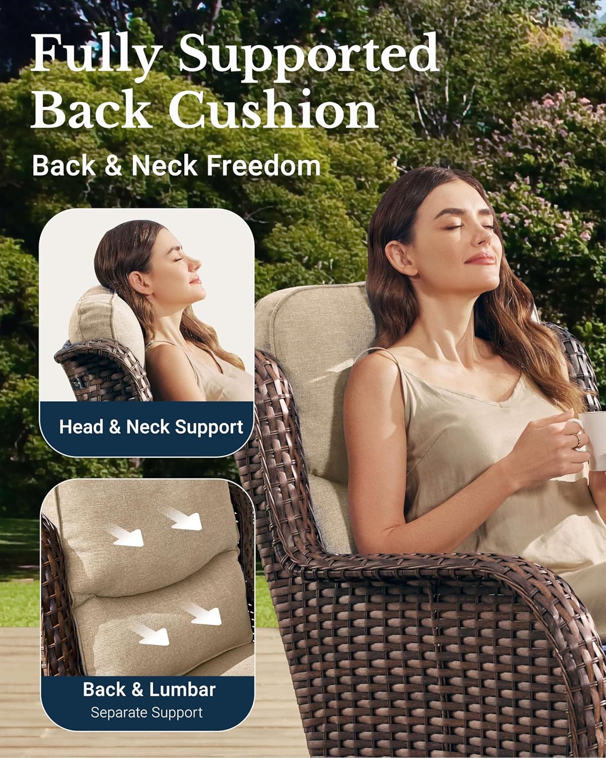 HILLGA Luxury Patio Furniture Set with 6-Inch Thick Cushions, High Back Outdoor Swivel Rocker Chairs and Table, 3-Piece All Weather Conversation Set for Porch Deck Balcony Yard, Beige (V3)