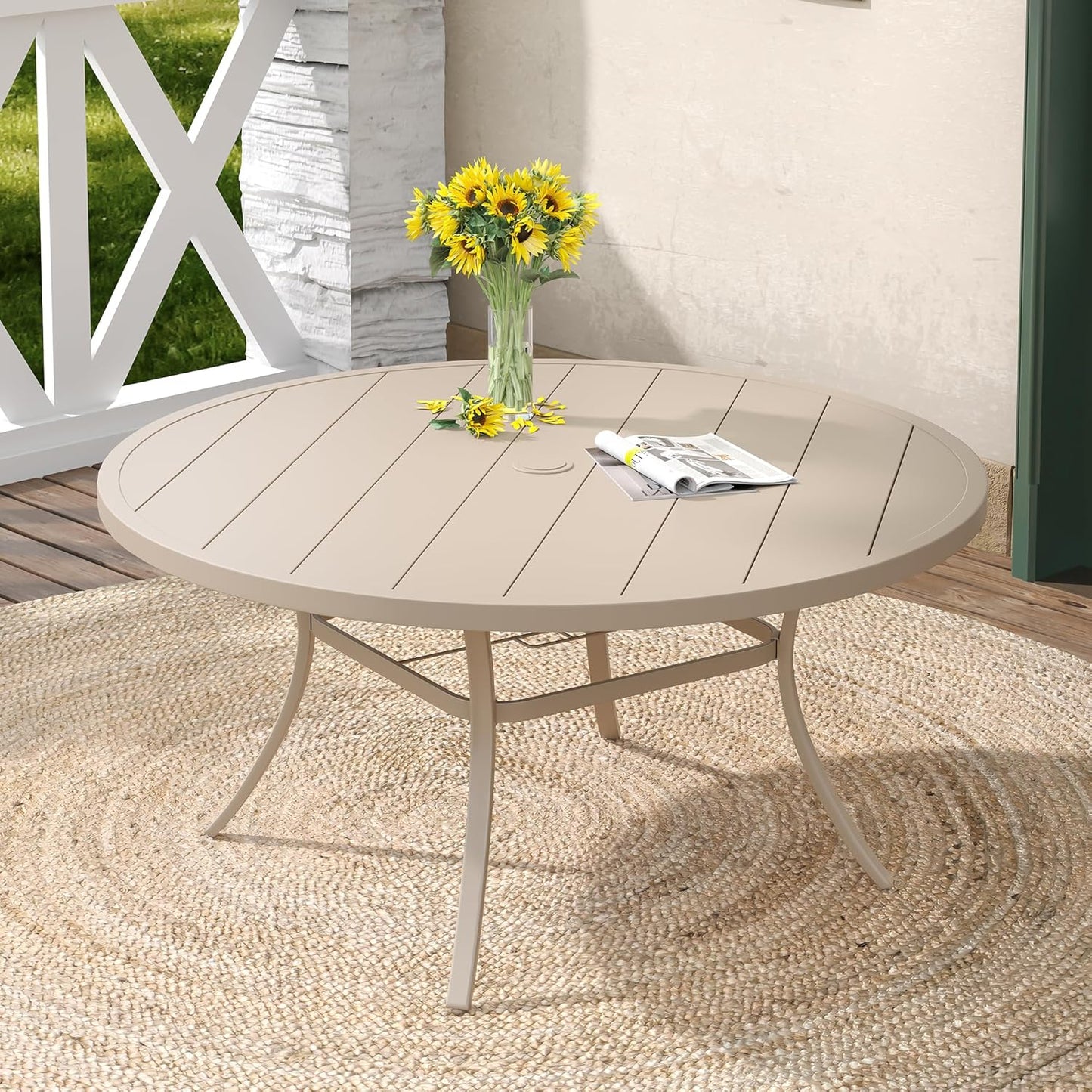 DIFY 60" Round Outdoor Patio Dining Table for 8-10, Metal Patio Table with 1.57" Adjustable Umbrella Hole, All-Weather Dining Furniture Table for Backyard Lawn Garden, Cream