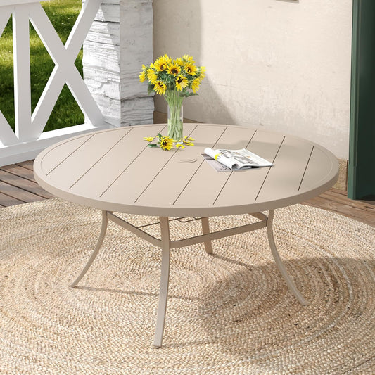 DIFY 60" Round Outdoor Patio Dining Table for 8-10, Metal Patio Table with 1.57" Adjustable Umbrella Hole, All-Weather Dining Furniture Table for Backyard Lawn Garden, Cream