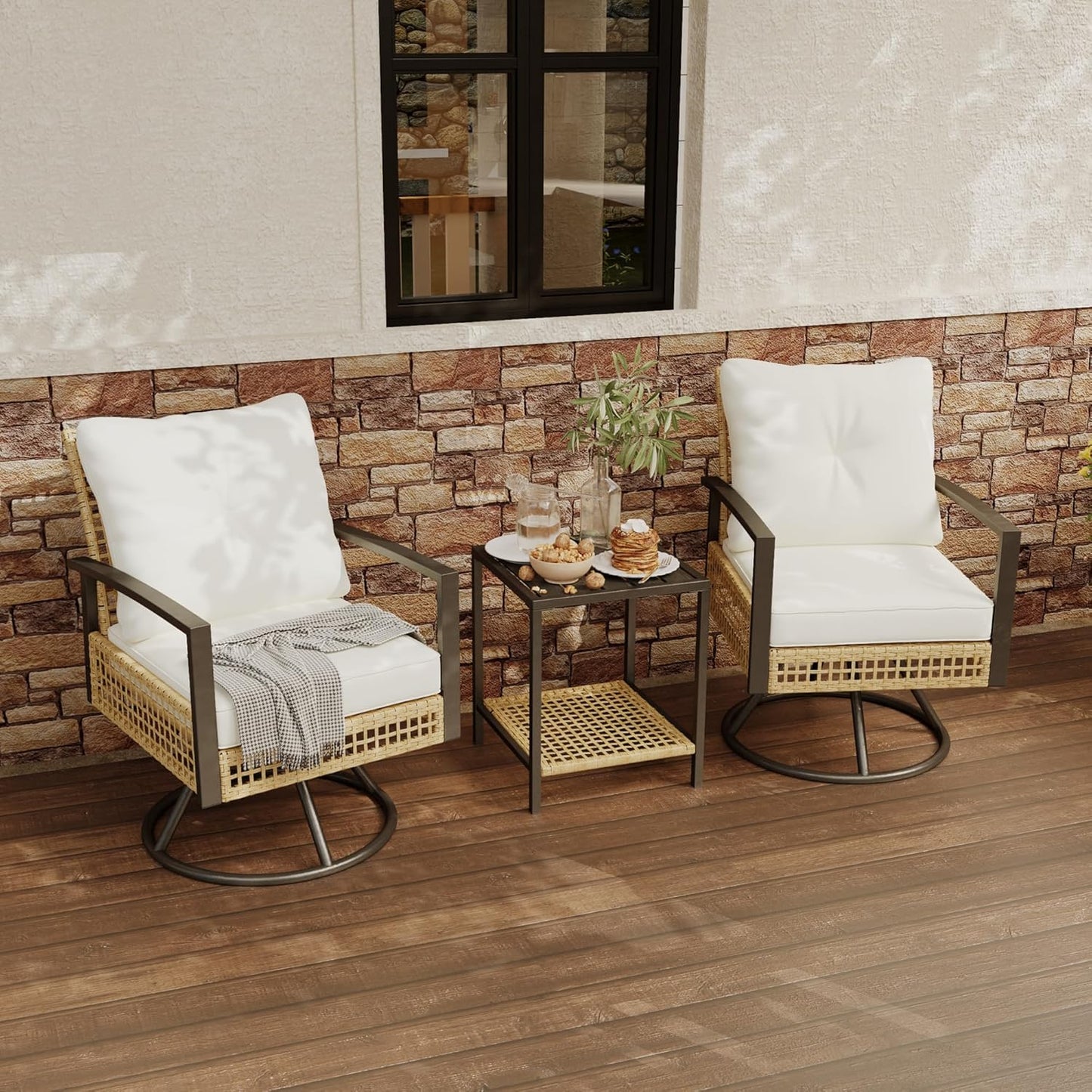 3 Piece outdoor swivel chair set of 2, outdoor swivel patio chairs with Wood-Grain Tabletop Coffee Table and 6" Thick backrest, front porch furniture for Patio, Backyard, Deck, Poolside(Beige)