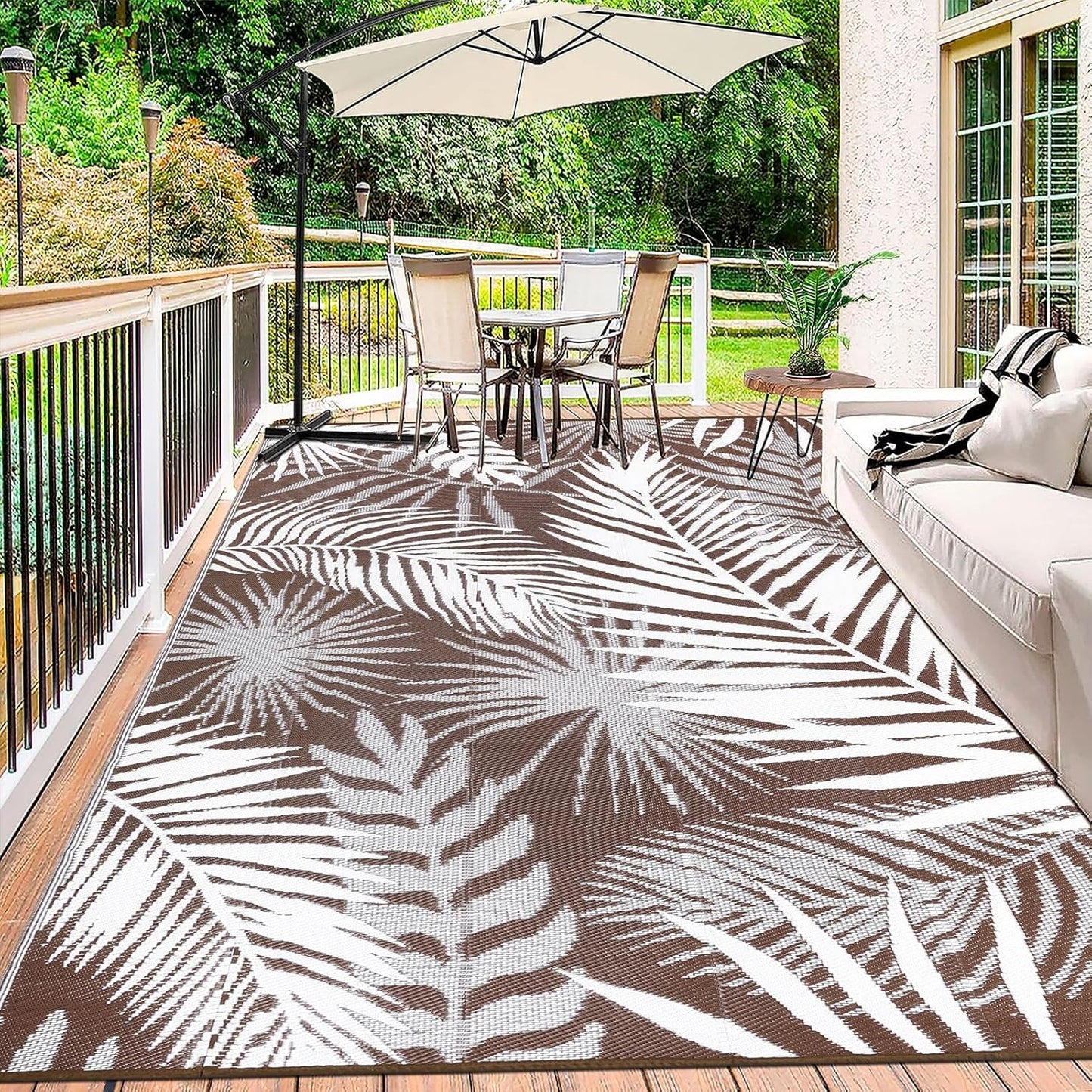 HiiARug Outdoor Rugs 9'x12' for Patios Clearance Brown Reversible Outdoor Rug, Outdoor Plastic Straw Rug RV Camping Rug Large Outdoor Mat for RV, Patio, Backyard, Deck, Picnic, Beach, Trailer, Camping