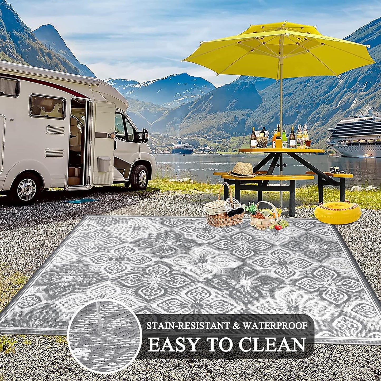 Pauwer Waterproof Outdoor Rug 8x10, Reversible Plastic Straw Patio Camping Rug, Indoor Outdoor RV Mat Carpet for Deck, Camper, Porch, Balcony, Backyard, Picnic, Clover Grey