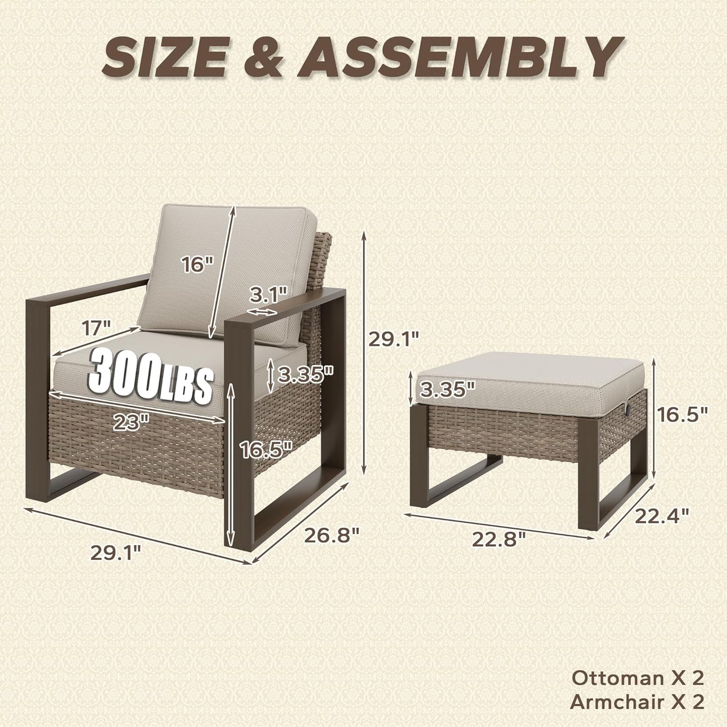 Outdoor Wicker Metal Chairs Set of 2 with Two Ottomans - 4 Pieces Patio Bistro Set with Rectangular Framed Wood-Looking Metal Armrest & Removable Cushions for Poolside, Terrace, Beige