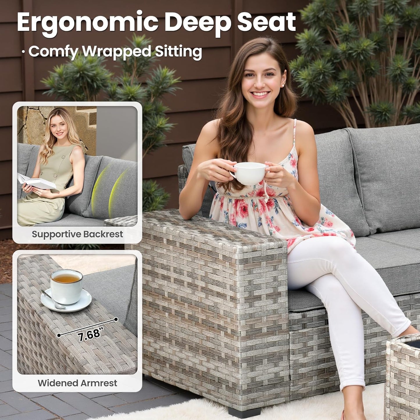 ovios 7 Pieces Patio Furniture Set, Outdoor Wicker Sectional Sofa with 42 Inch Fire Pit Table Comfy Cushions, Modern Modular Deep Seat Rattan Couch Conversation Set, Dark Grey