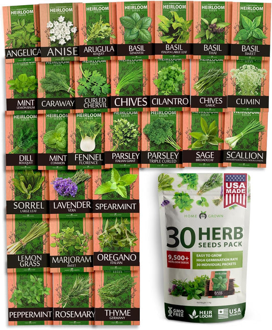 HOME GROWN 30 Herb Seeds for Planting 9,500+ Non-GMO Heirloom Seeds | Extra Large Variety Pack Herb Kit – Indoor Outdoor & Hydroponic | Culinary Seed Set | Grow Your Own Herbs | Gardening Gift