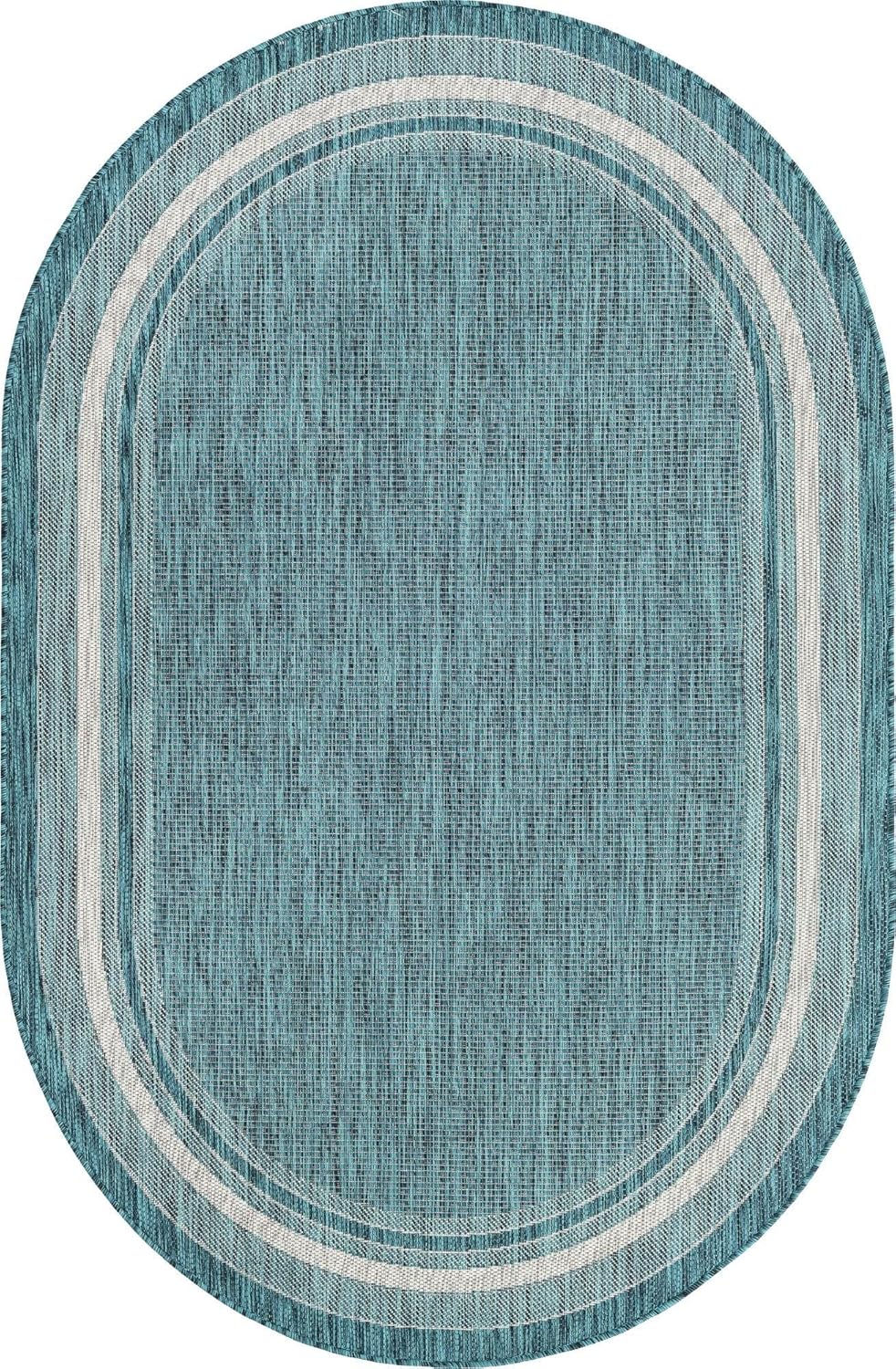 Unique Loom Outdoor Border Collection Area Rug - Soft Border (5' 1" x 8' Oval, Teal/ Ivory)