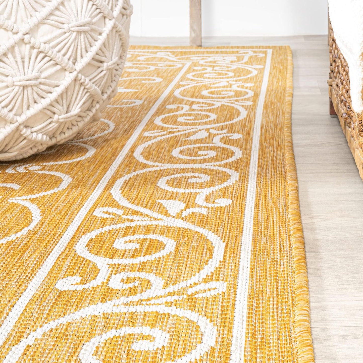 JONATHAN Y SMB106L-28 Charleston Vintage Filigree Textured Weave Indoor Outdoor Runner Rug, Classic, Traditional, Transitional Easy Clean,Bedroom,Kitchen,Backyard,Patio, Non-Shed, Yellow/Cream, 2 X 8