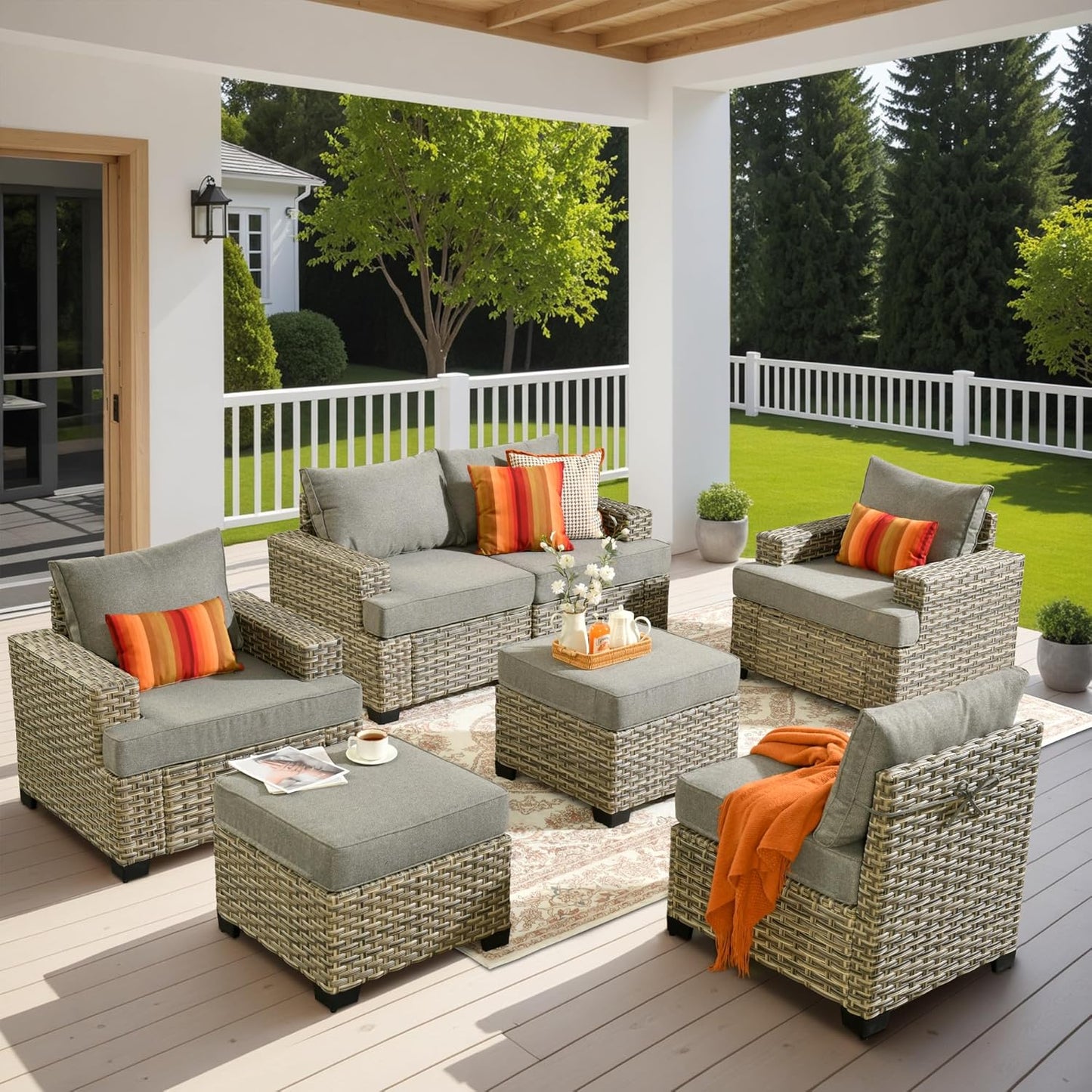 HOOOWOOO Outdoor Sectional Patio Furniture Set,7 Pieces Wicker Conversation Sets,Extra Deep Out Door Sofa Outside Furniture Couch with Ottoman,Charcoal Gray