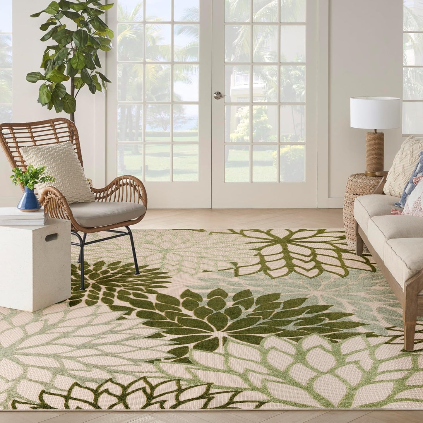 Nourison Home Aloha Indoor/Outdoor Ivory Green 7'10" x 10'6" Area Rug, Easy-Cleaning, Non Shedding, Bed Room, Living Room, Dining Room, Backyard, Patio, Deck (8x11)